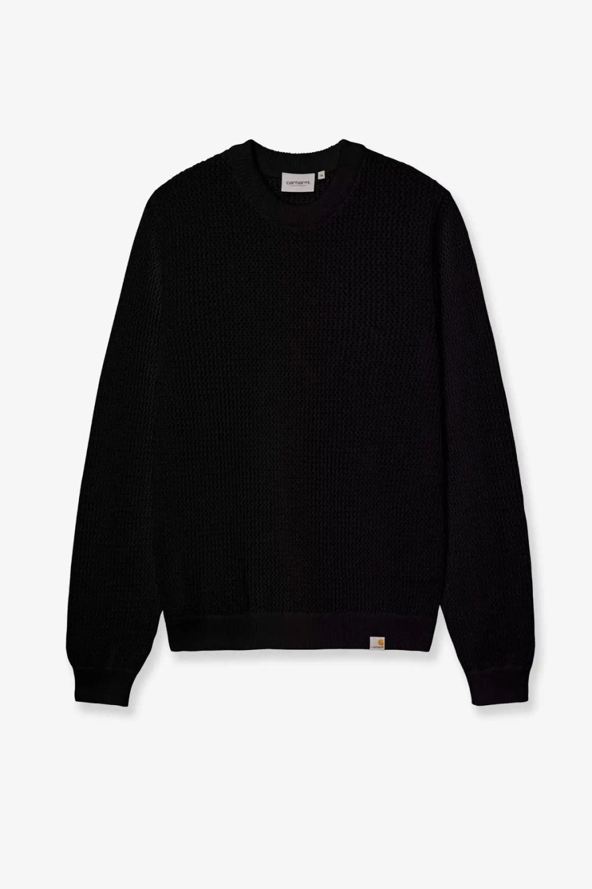 Black carhartt wip men’s cotton sweatshirt featuring ribbed knit texture and classic crew neck design