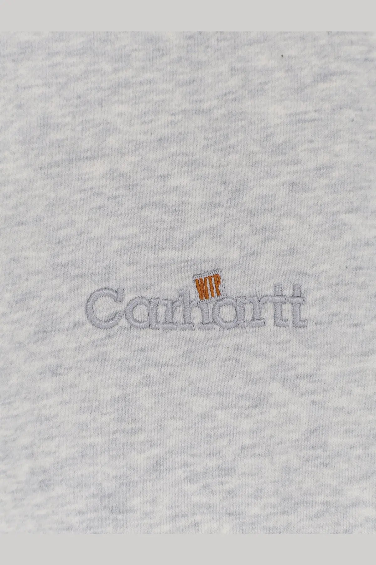 Carhartt wip men’s grey heathered cotton sweatshirt with orange wtf embroidered logo above brand name