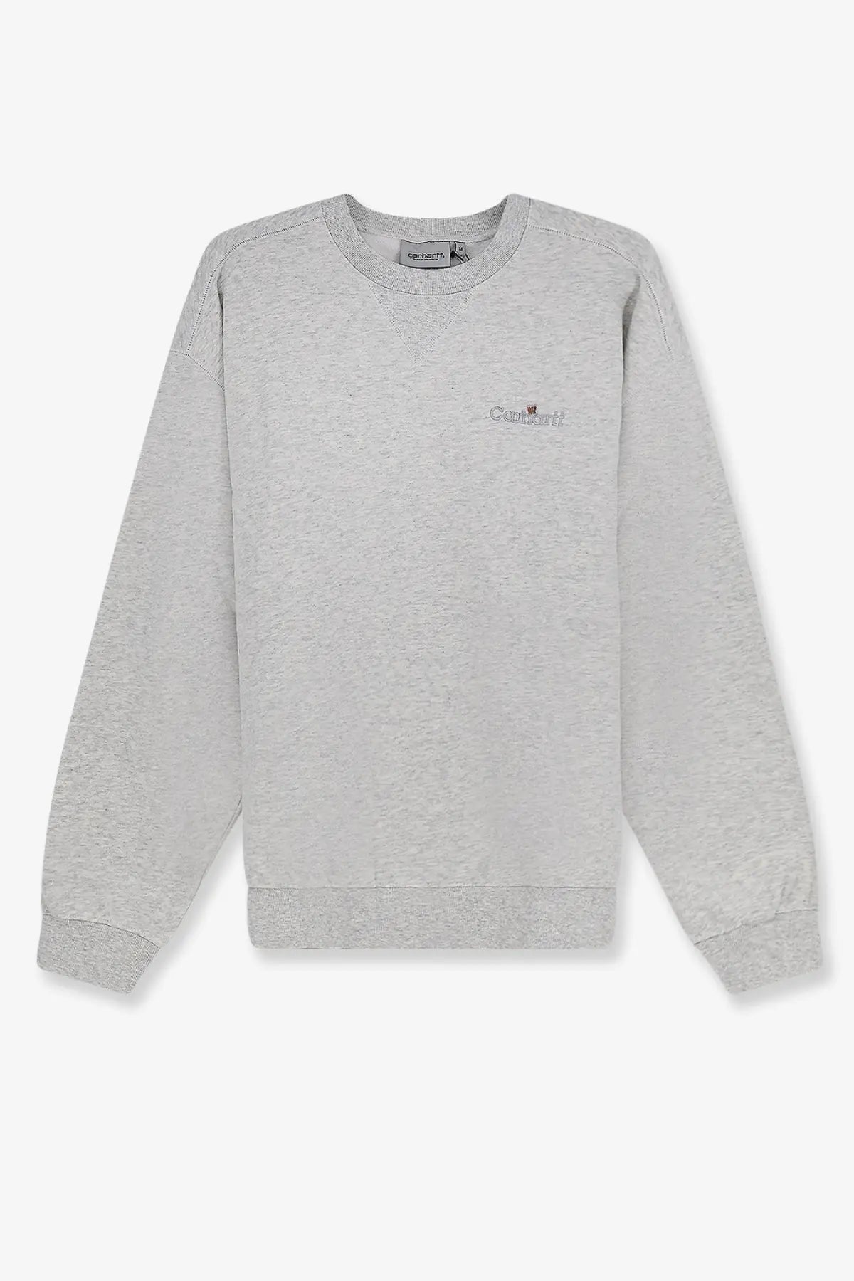 A heather gray Carhartt Wip men’s cotton sweatshirt with a subtle embroidered logo on the chest