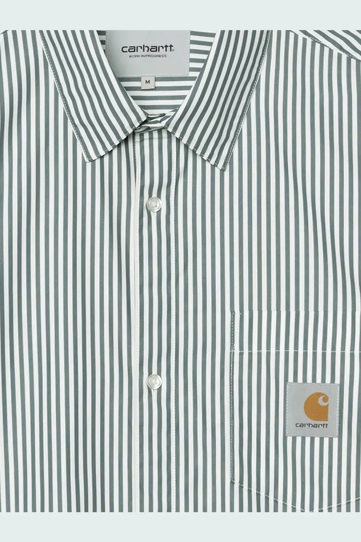 Carhartt wip men’s daldry striped cotton shirt in white and dark gray with chest pocket and orange logo patch