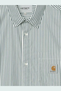 Carhartt wip men’s daldry striped cotton shirt in white and dark gray with chest pocket and orange logo patch