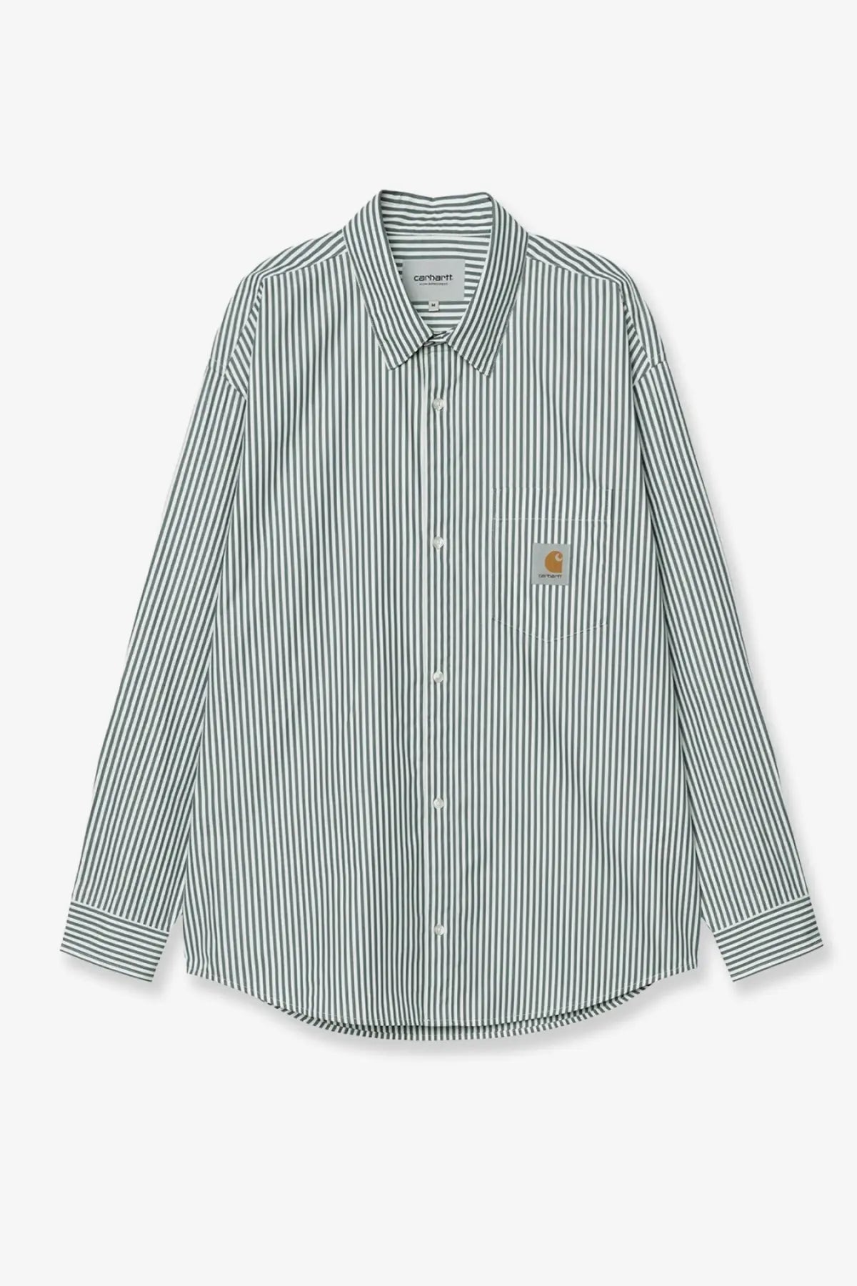 Carhartt Wip men’s daldry long-sleeved cotton shirt in dark green and white vertical stripes with chest pocket patch