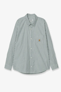 Carhartt Wip men’s daldry long-sleeved cotton shirt in dark green and white vertical stripes with chest pocket patch