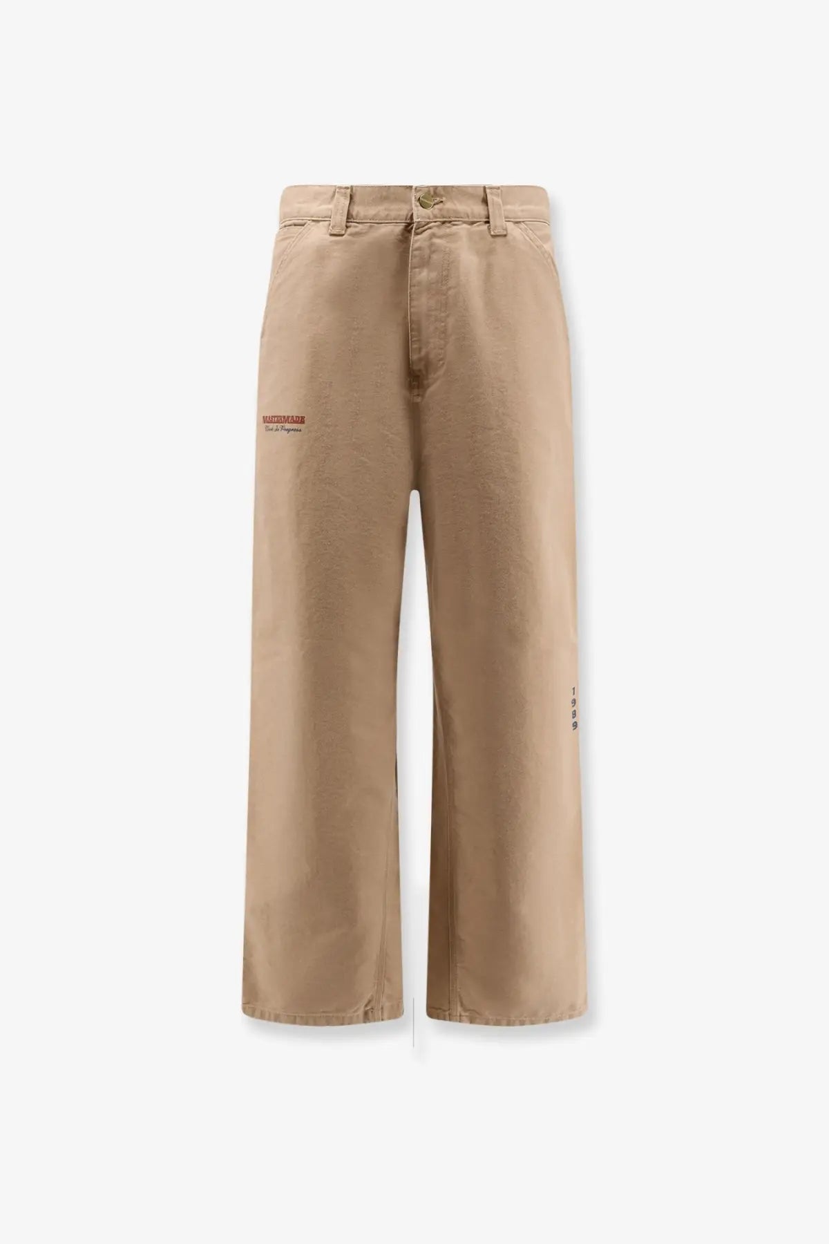 Carhartt wip men’s beige wide-leg trousers with subtle embroidery made from organic cotton