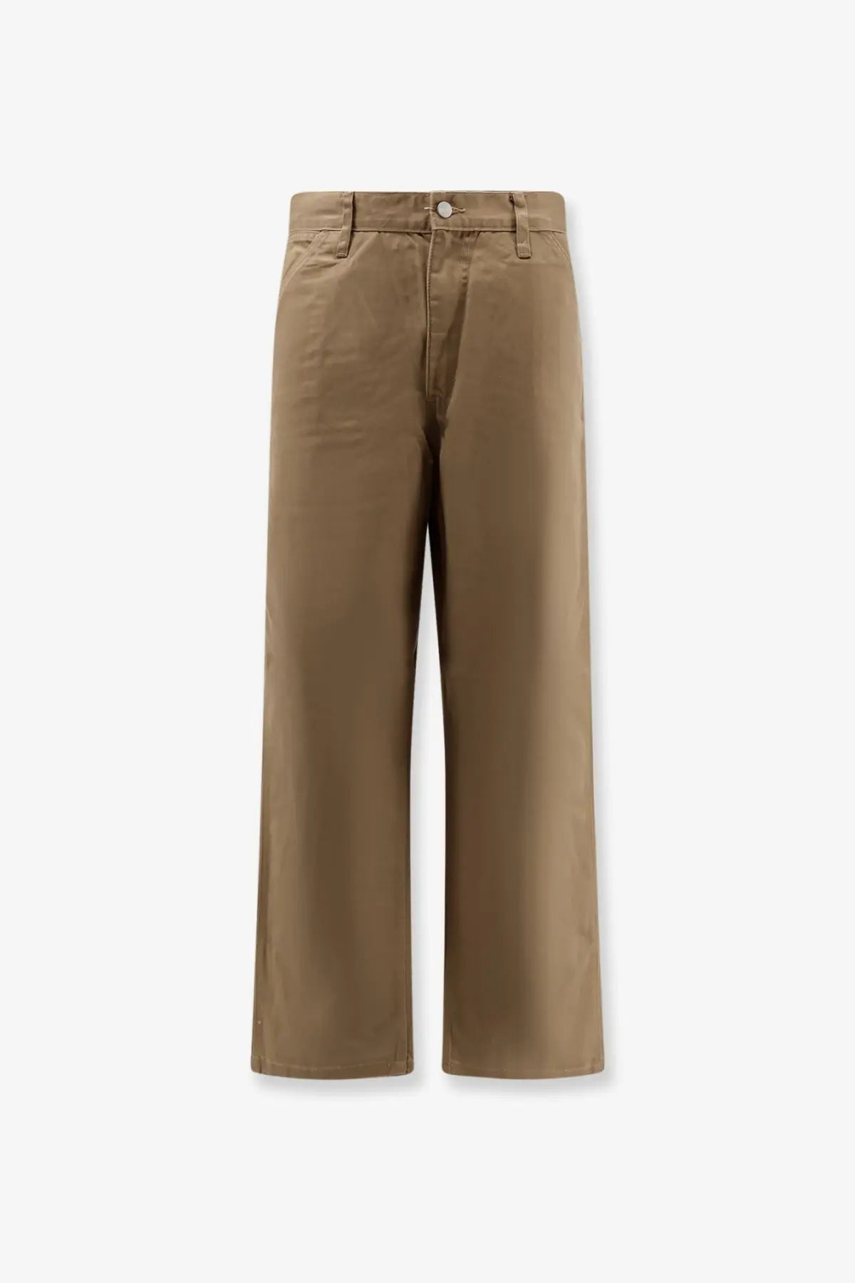 Carhartt Wip men’s tan wide-leg trousers with a clean minimalist design and button closure