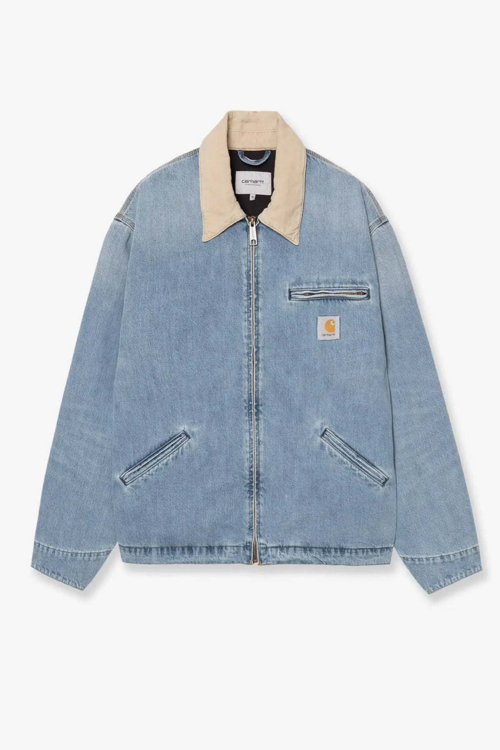 Carhartt wip men’s detroit denim jacket blue with light-wash denim, tan collar, and chest patch