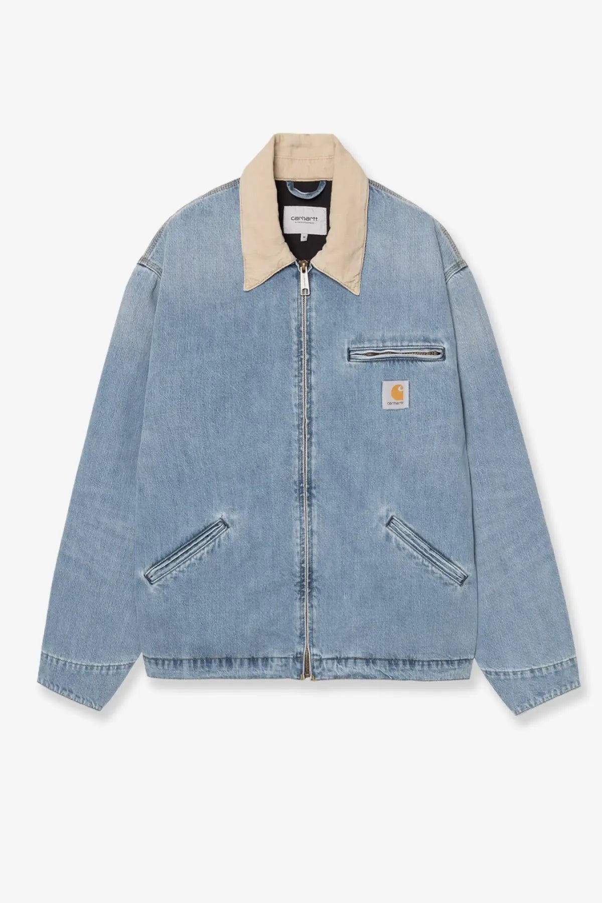 Carhartt wip men’s detroit denim jacket blue with light-wash denim, tan collar, and chest patch