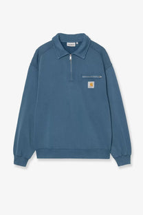 Blue carhartt wip men’s sweatshirt with half-zip collar chest pocket cotton material for casual wear