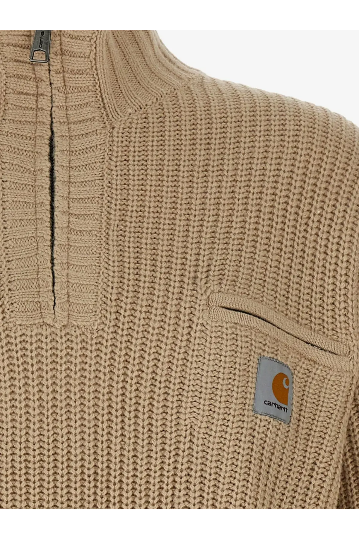 Beige knitted carhartt wip men’s detroit half zip acrylic blend sweater with ribbed texture and chest pocket