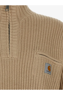 Beige knitted carhartt wip men’s detroit half zip acrylic blend sweater with ribbed texture and chest pocket