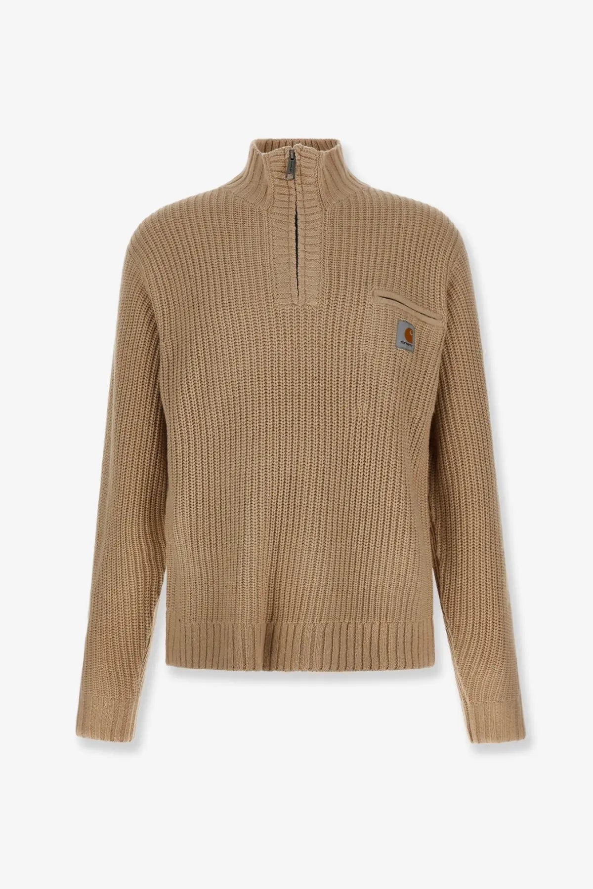 Tan ribbed knit half-zip Carhartt Wip men’s sweater with chest pocket and logo patch in acrylic blend material
