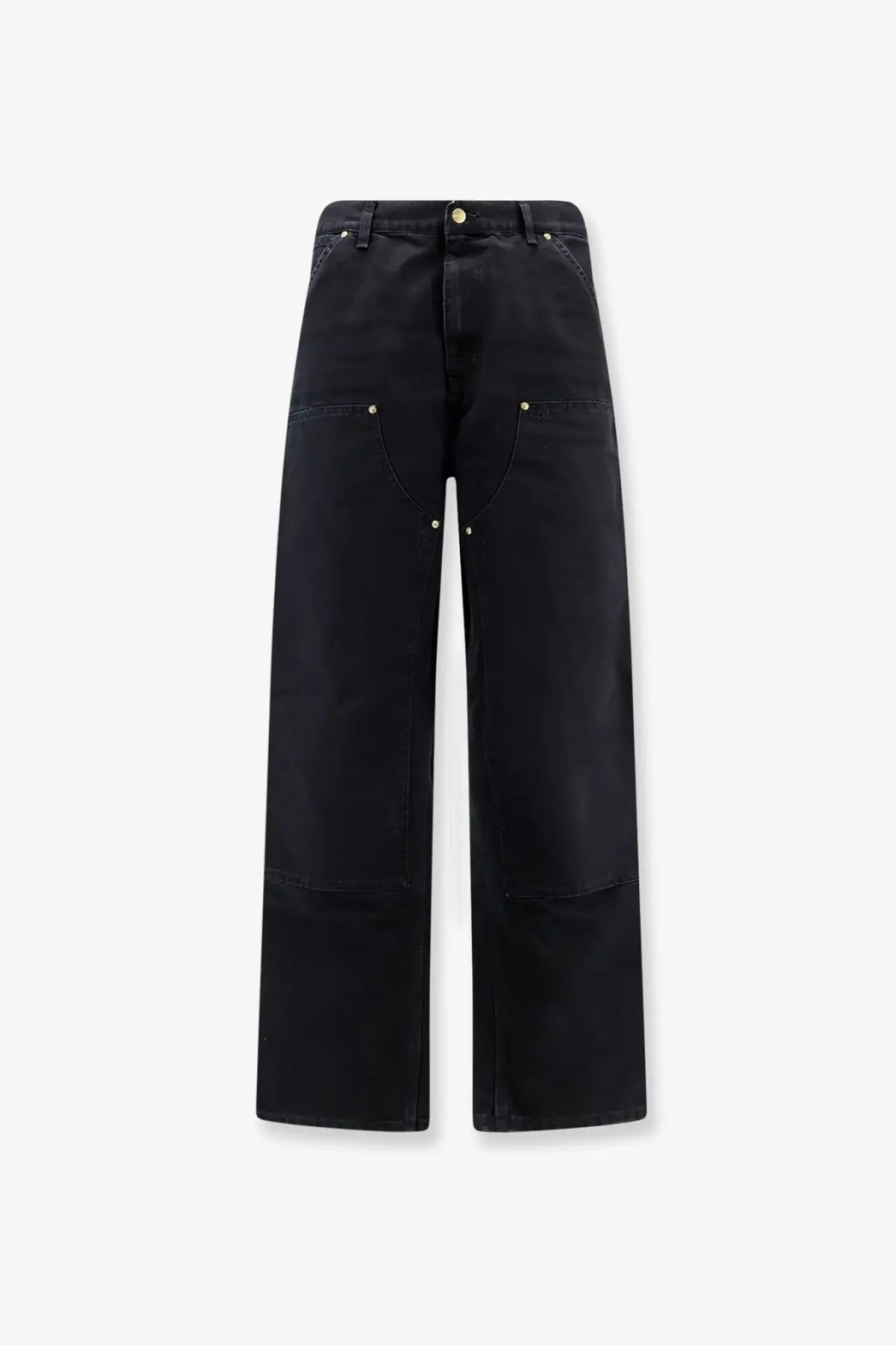 Carhartt Wip men’s double knee denim trousers black with reinforced stitching gold tone hardware and wide leg fit