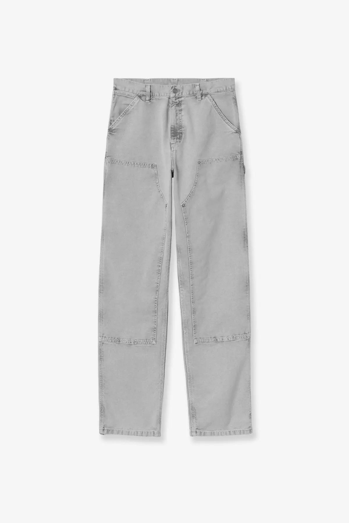 Carhartt Wip men’s light gray denim work pants with reinforced stitching and multiple pockets for durability