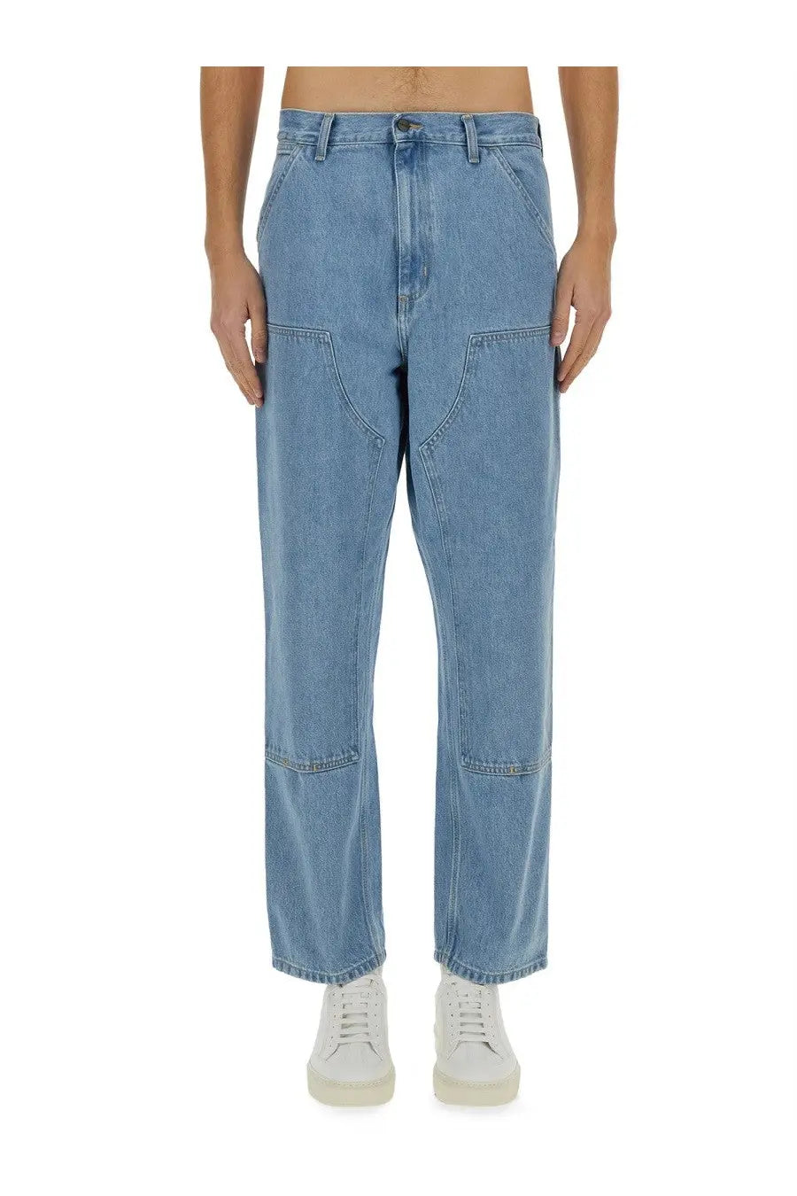 Carhartt Wip men’s double knee light-wash blue denim trousers with relaxed straight-leg cut and reinforced patch pockets