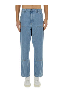 Carhartt Wip men’s double knee light-wash blue denim trousers with relaxed straight-leg cut and reinforced patch pockets