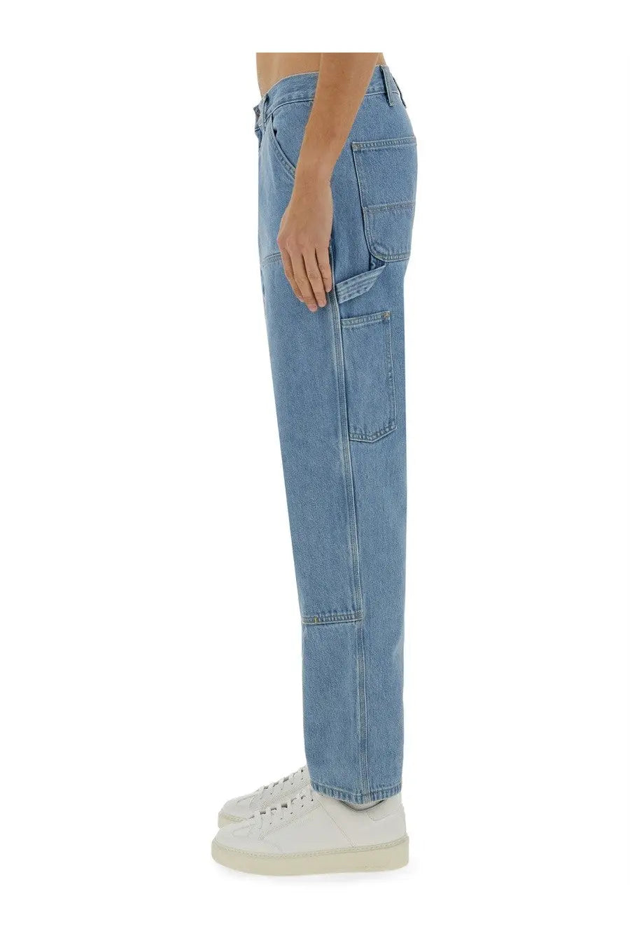 Carhartt wip men’s double knee pants blue light-wash denim work pants with multiple pockets and a straight-leg cut