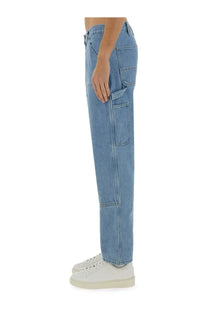 Carhartt wip men’s double knee pants blue light-wash denim work pants with multiple pockets and a straight-leg cut