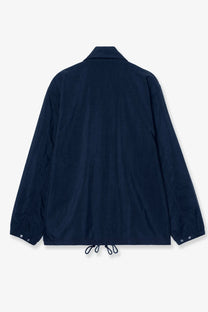 Navy blue lightweight coach jacket with drawstring hem and buttoned cuffs made from nylon by carhartt wip