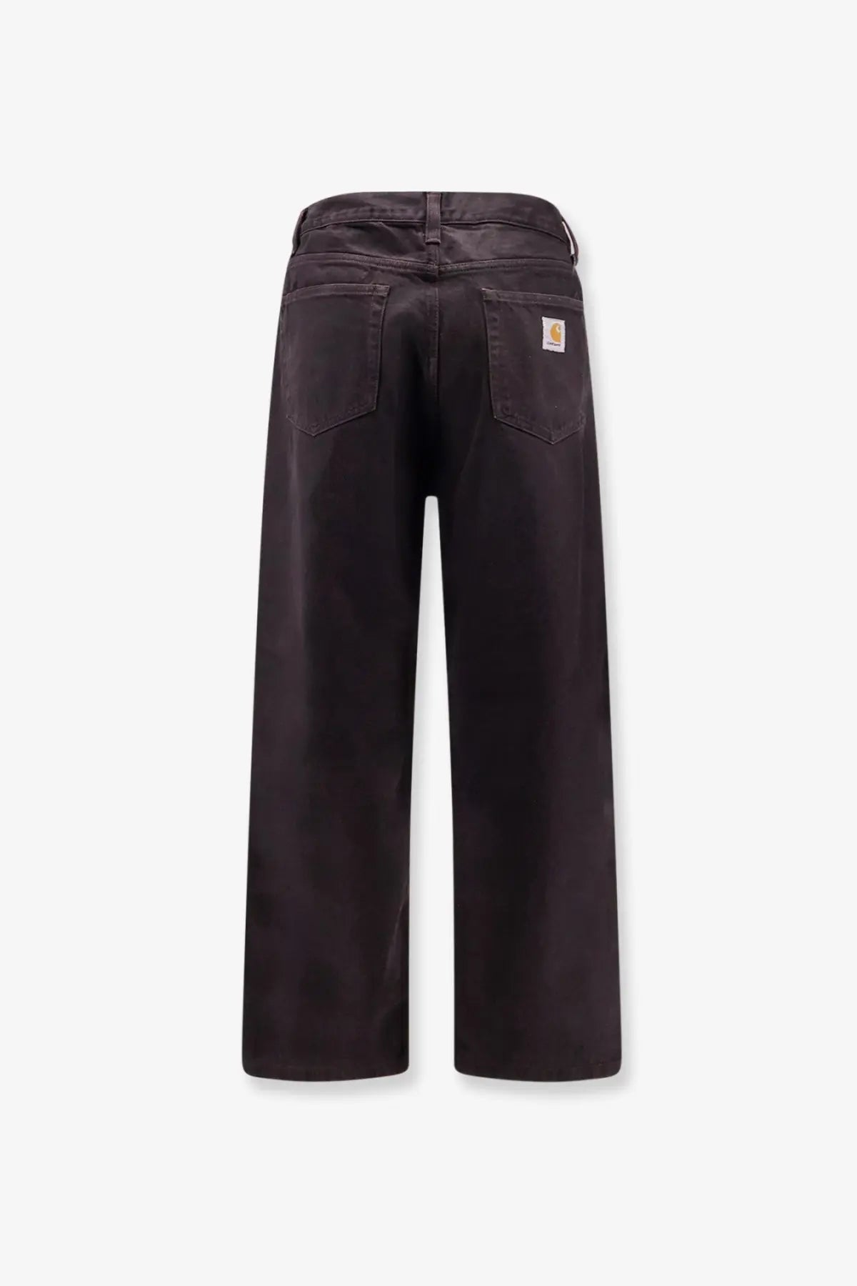 Back view of carhartt wip men’s everson bradford cotton trousers in black with dark brown wide-leg design and logo patch