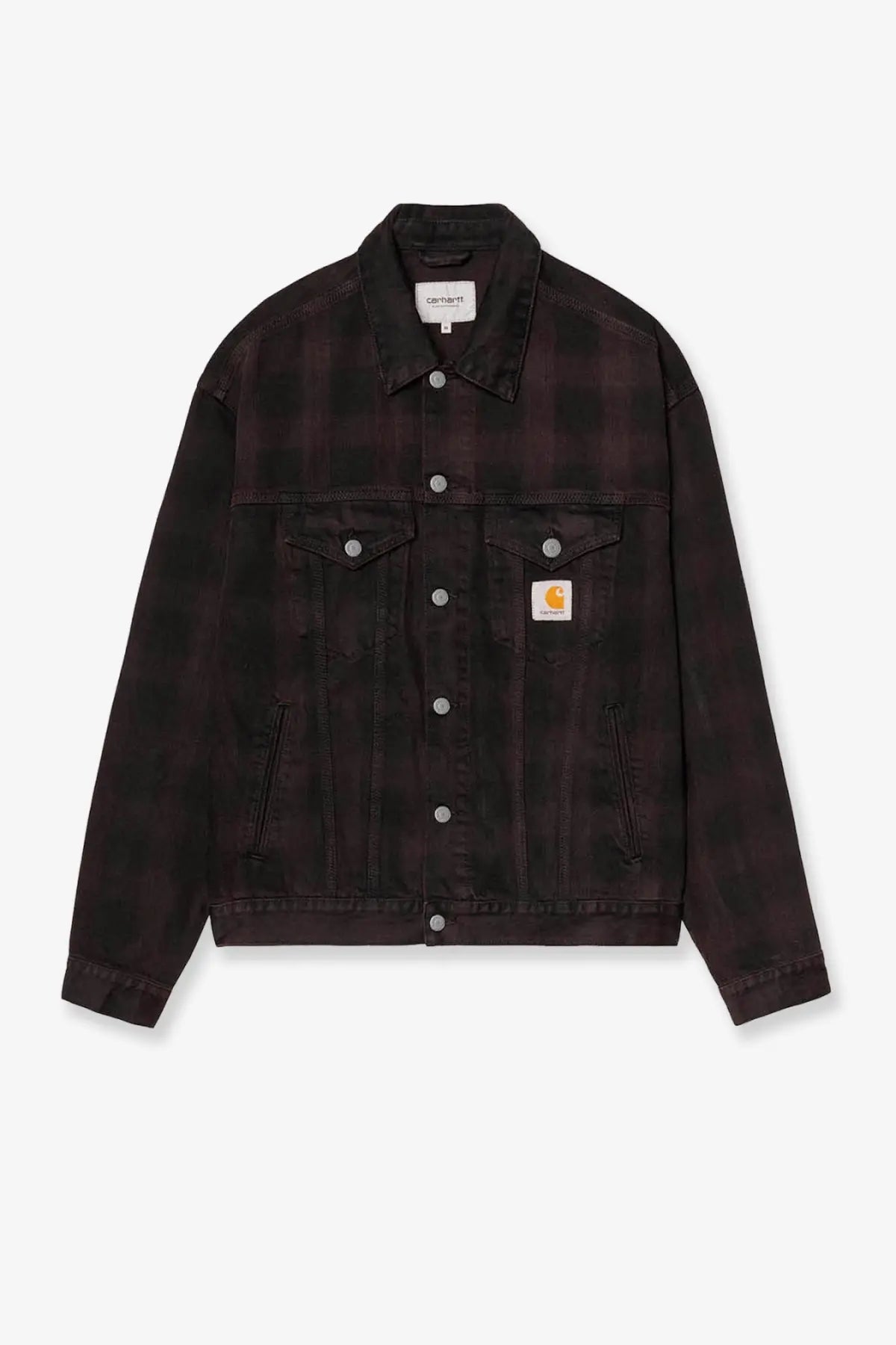 Carhartt Wip men’s everson denim jacket in black with dark maroon plaid, silver buttons, and yellow logo patch