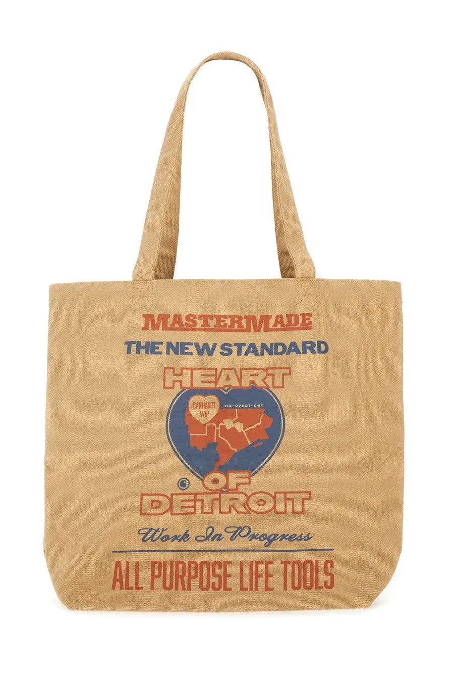 Carhartt wip men’s beige canvas tote bag featuring a heart-shaped map of detroit graphic with orange and blue text