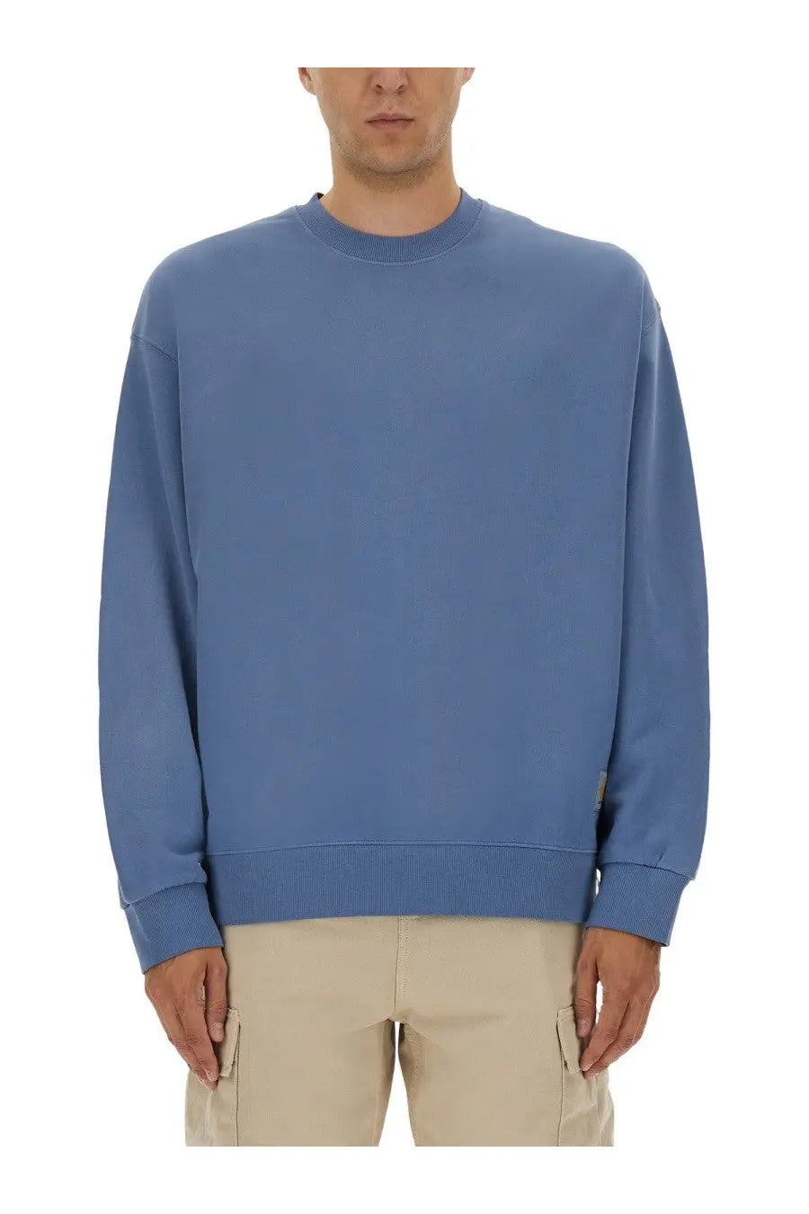 Carhartt Wip men’s jersey crewneck sweatshirt in soft Hudson blue with ribbed cuffs and hem