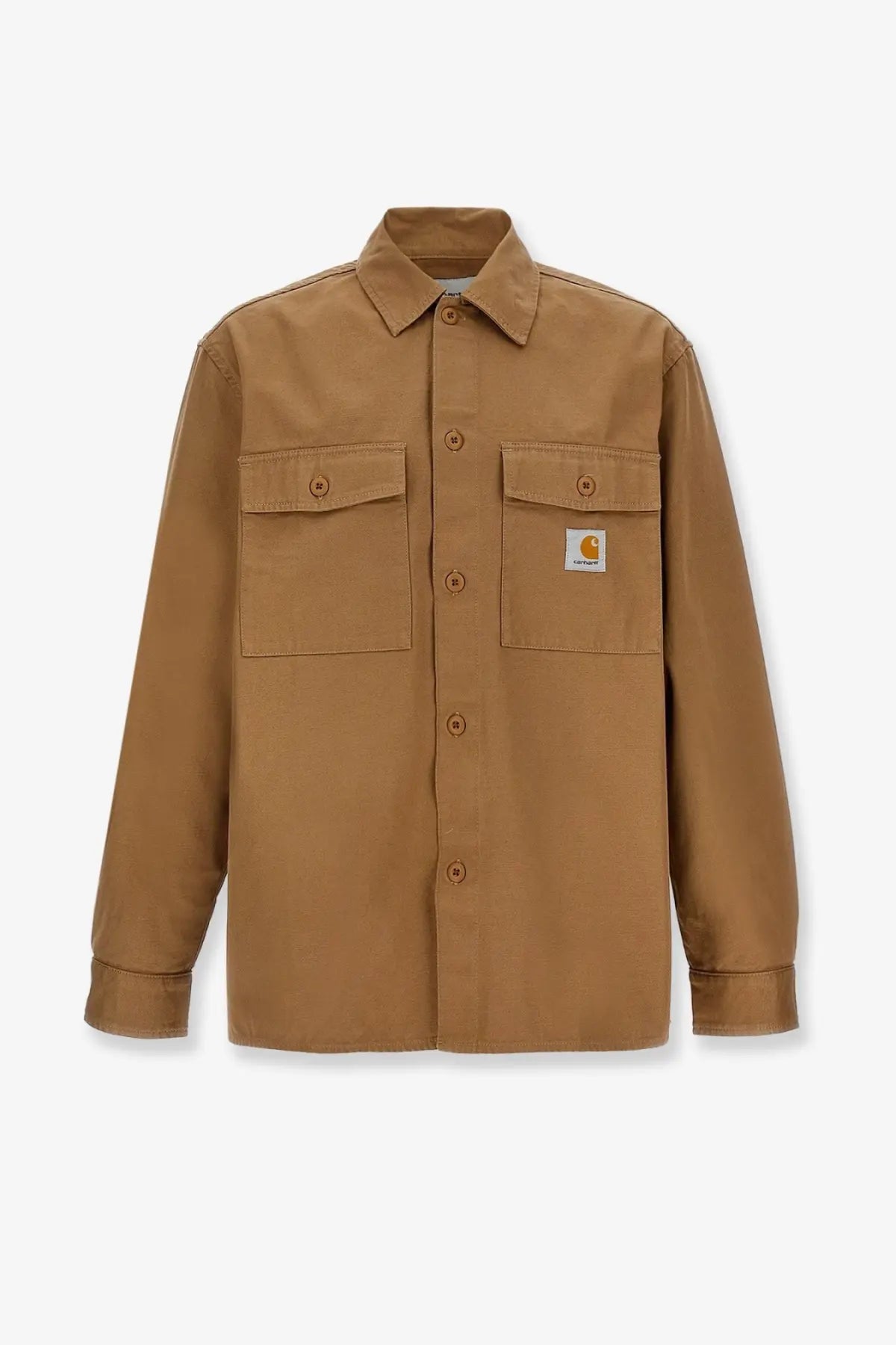 Tan Carhartt Wip men’s Kelly cotton work shirt with buttoned chest pockets and branded patch on left breast