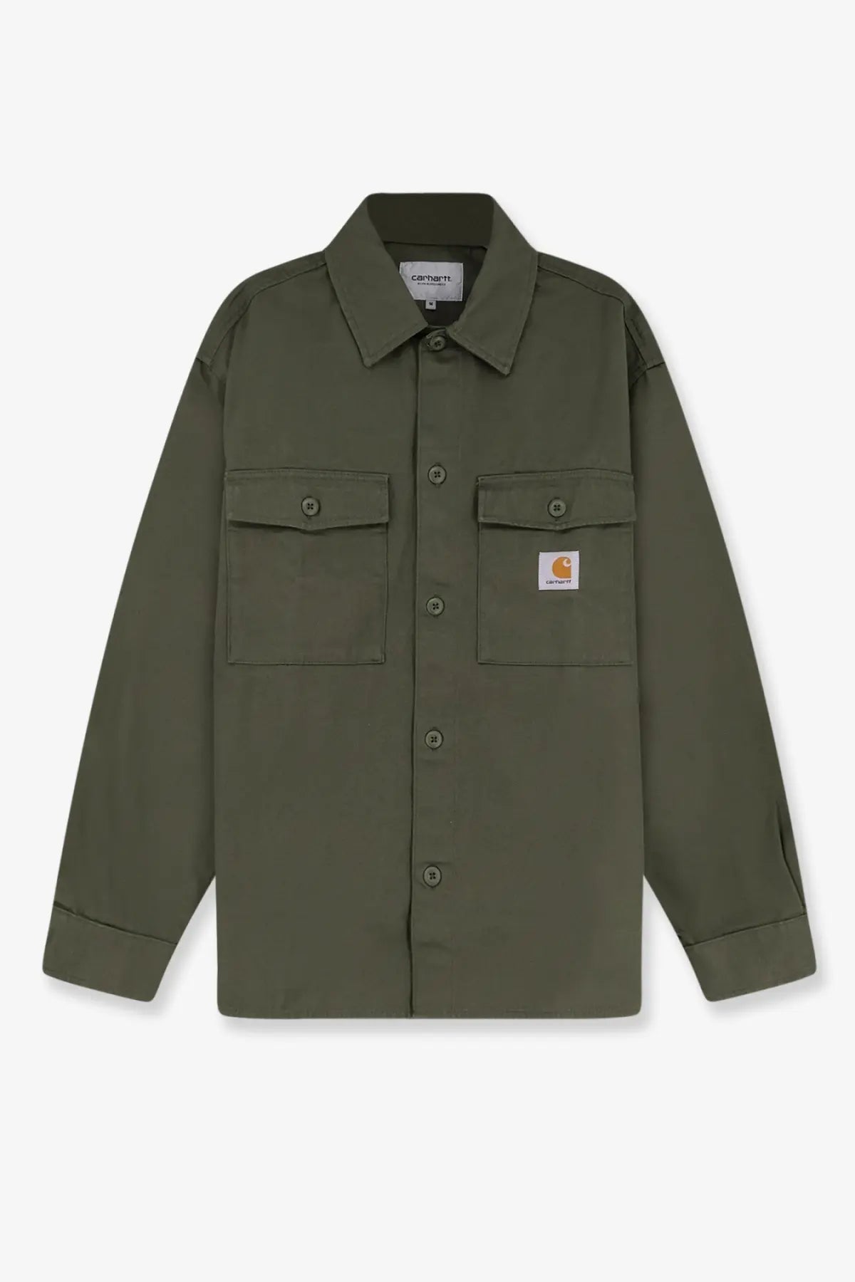 Olive green Carhartt Wip men’s Kelly cotton work shirt with two chest pockets and branded patch on left pocket