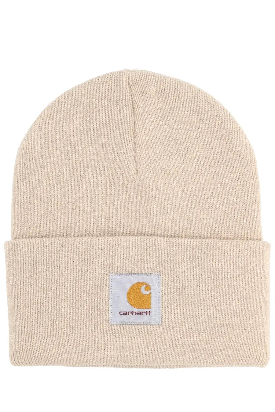 Beige Carhartt Wip men’s knitted watch hat with folded cuff and embroidered logo patch in soft knit material