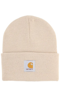 Beige Carhartt Wip men’s knitted watch hat with folded cuff and embroidered logo patch in soft knit material