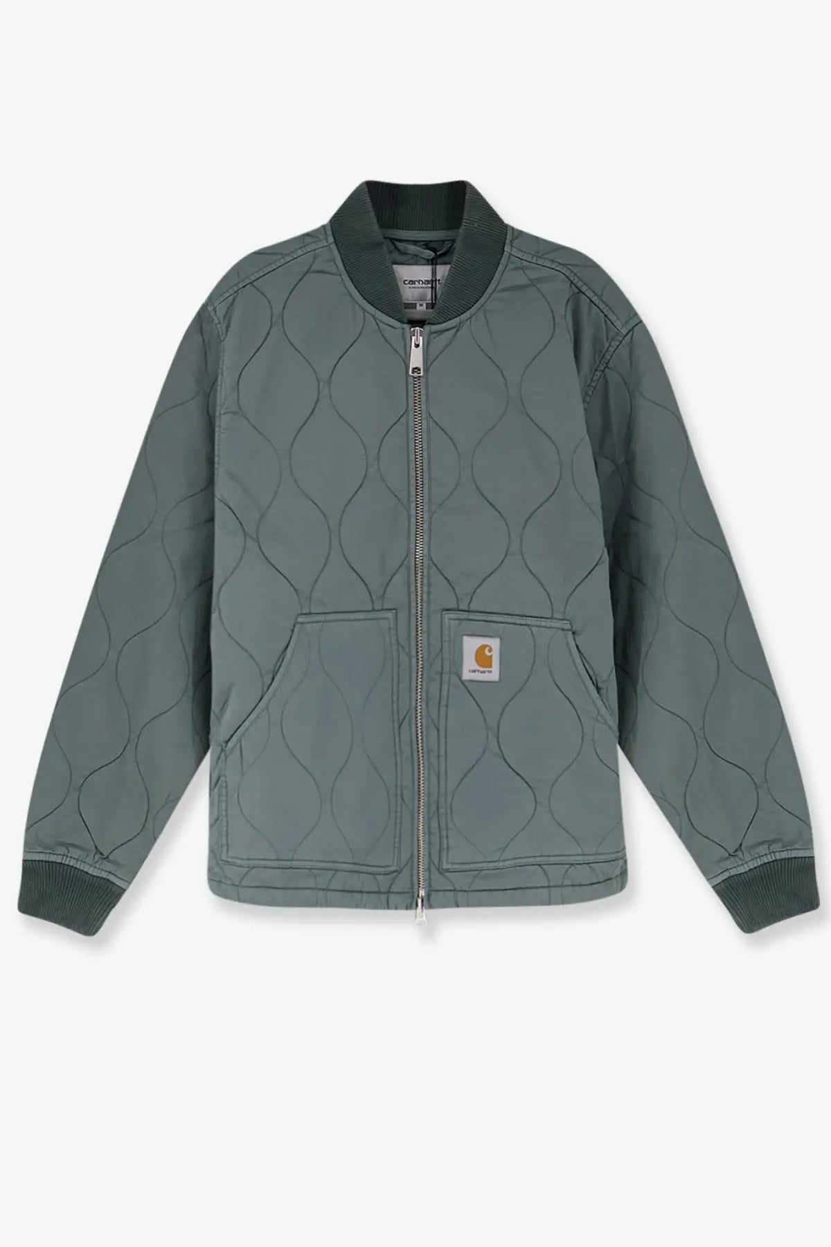 Gray quilted bomber jacket with wavy stitching ribbed cuffs and collar featuring carhartt logo patch on chest