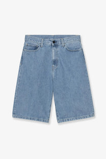 Carhartt Wip men’s langdon blue denim bermuda short in light wash with classic five-pocket design and button closure