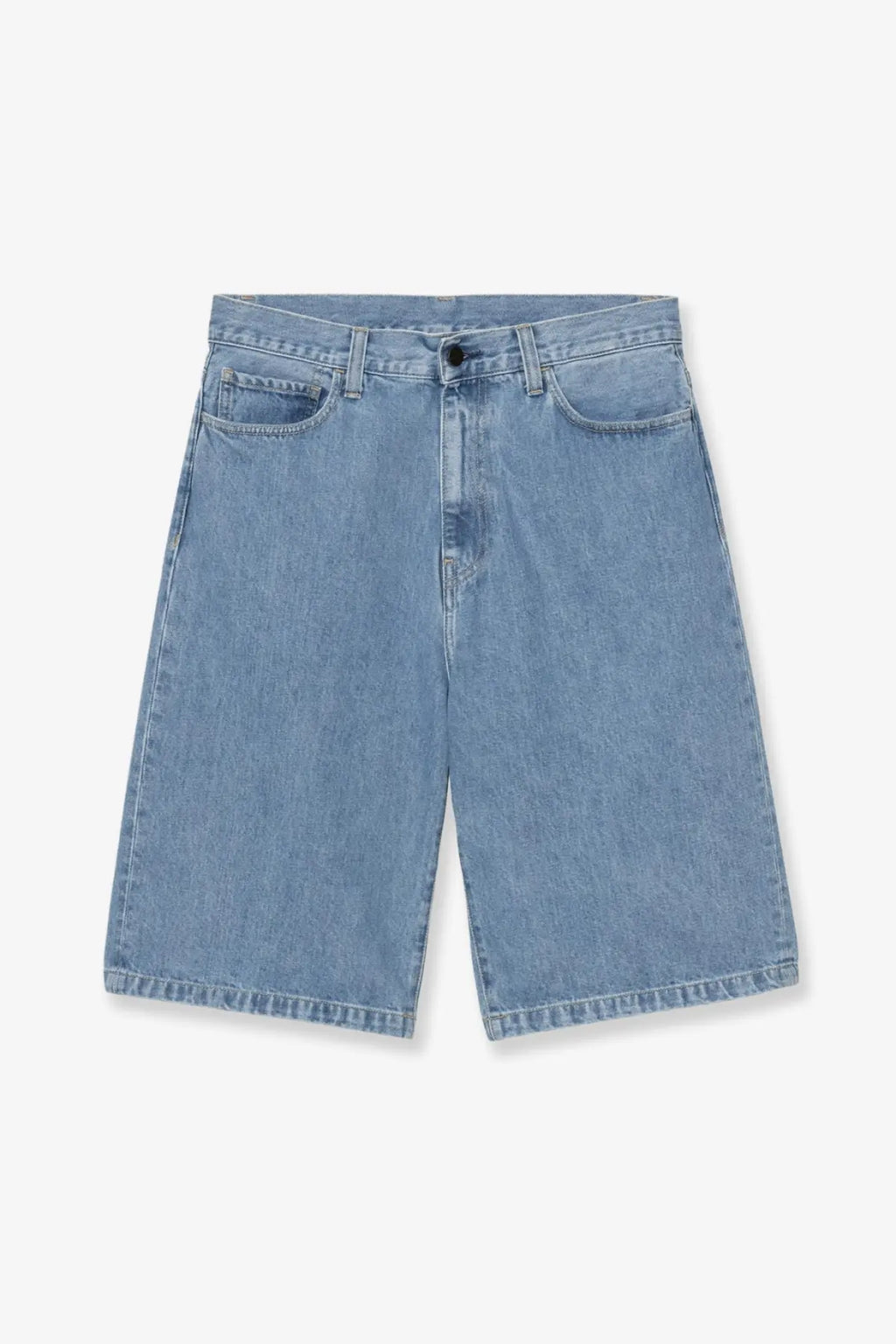 Carhartt wip men’s langdon blue denim bermuda short in light-wash denim with classic five-pocket design and button closure
