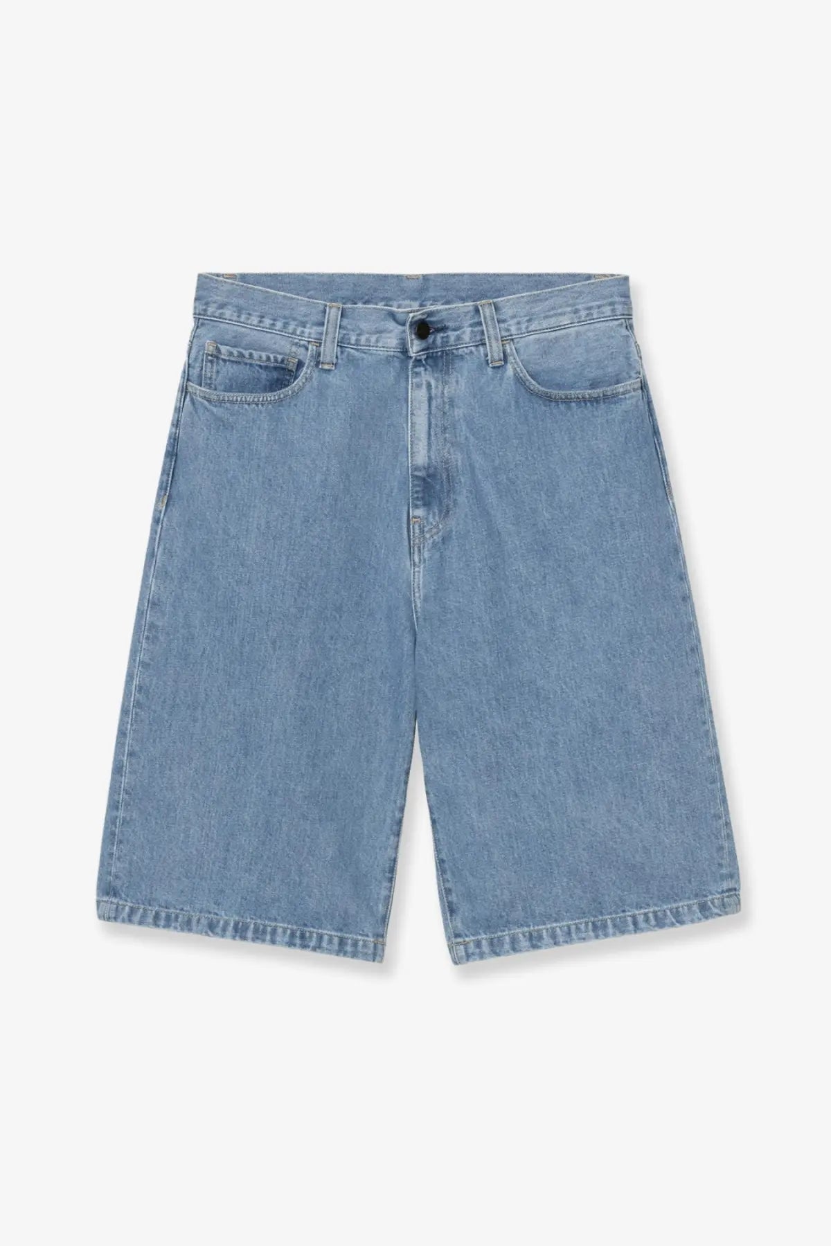 Carhartt wip men’s langdon blue denim bermuda short in light-wash denim with classic five-pocket design and button closure