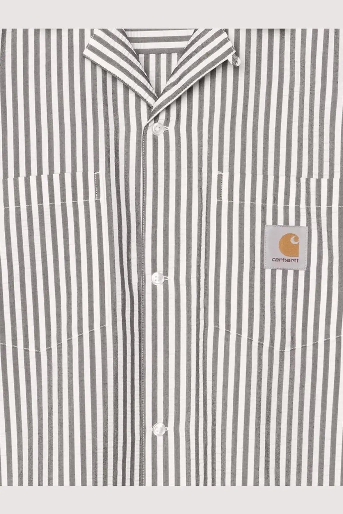 Carhartt Wip men’s level cotton blend shirt with gray and white vertical stripes and Carhartt logo patch on chest