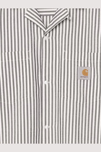 Carhartt Wip men’s level cotton blend shirt with gray and white vertical stripes and Carhartt logo patch on chest