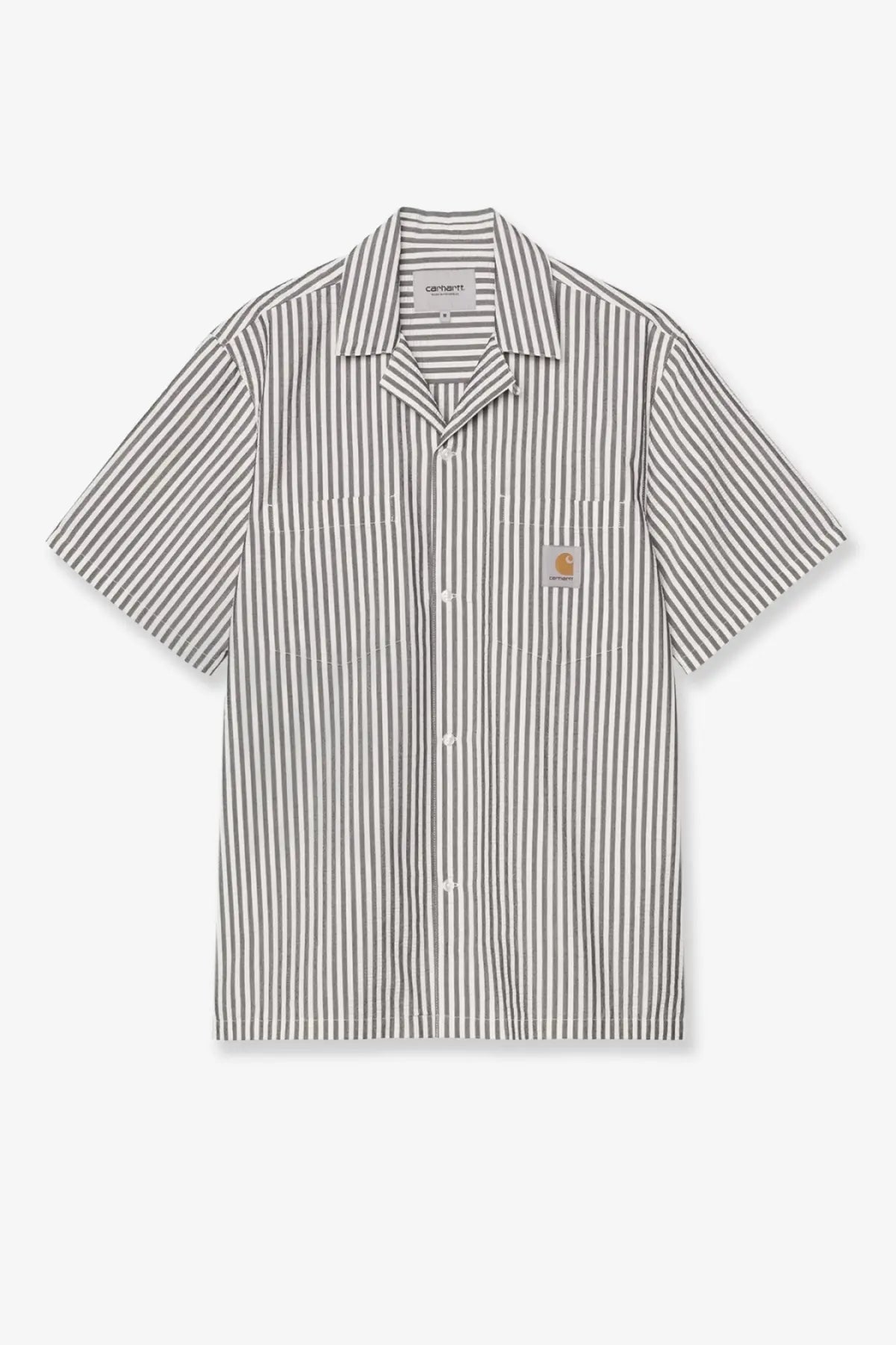 Carhartt wip men’s level short-sleeved cotton blend shirt with vertical gray and white stripes and logo patch