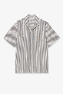 Carhartt Wip men’s short-sleeved cotton blend shirt with vertical gray and white stripes and logo patch on chest