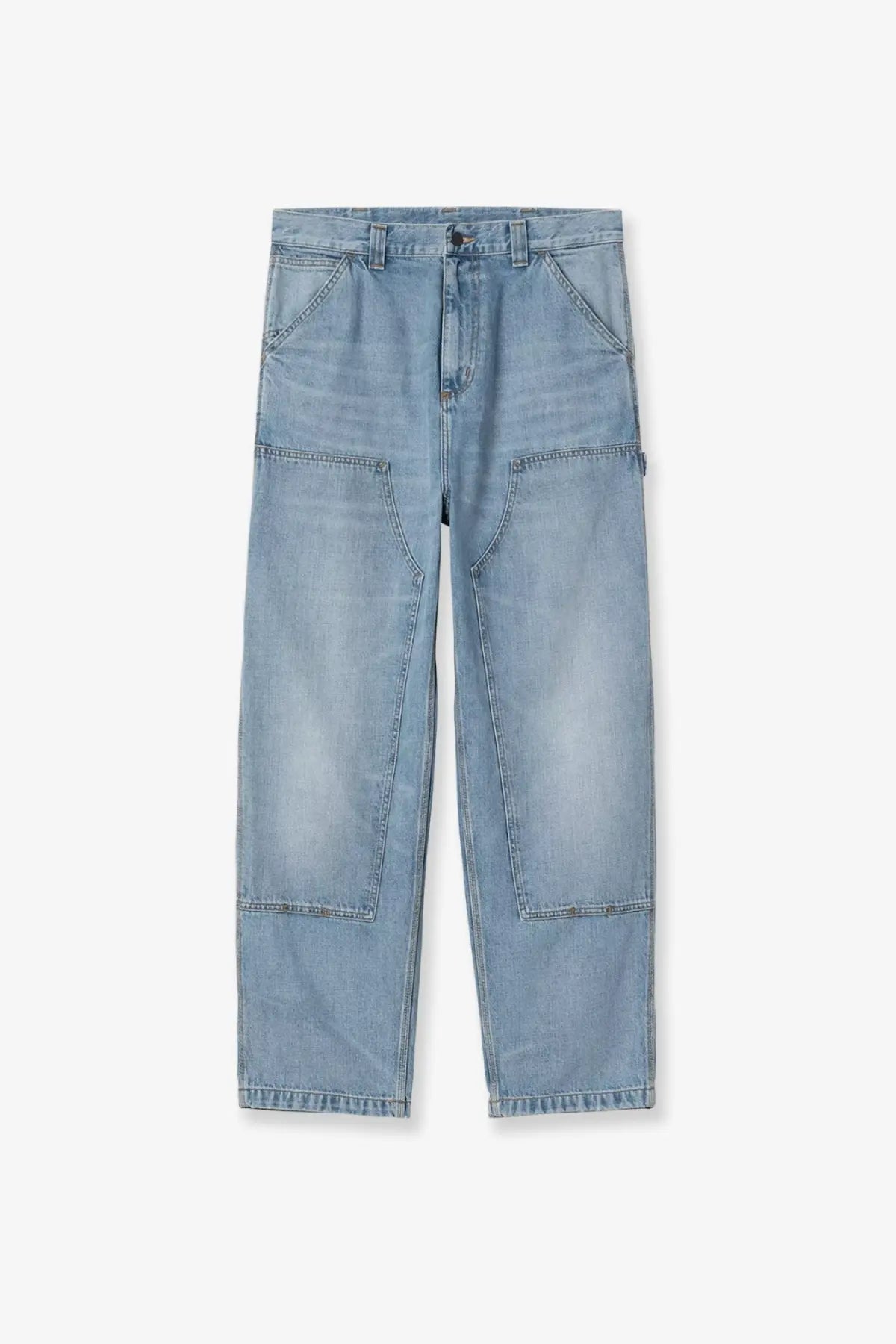 Carhartt Wip men’s loose fit blue denim jeans with light-wash relaxed straight-leg cut and multiple patch pockets