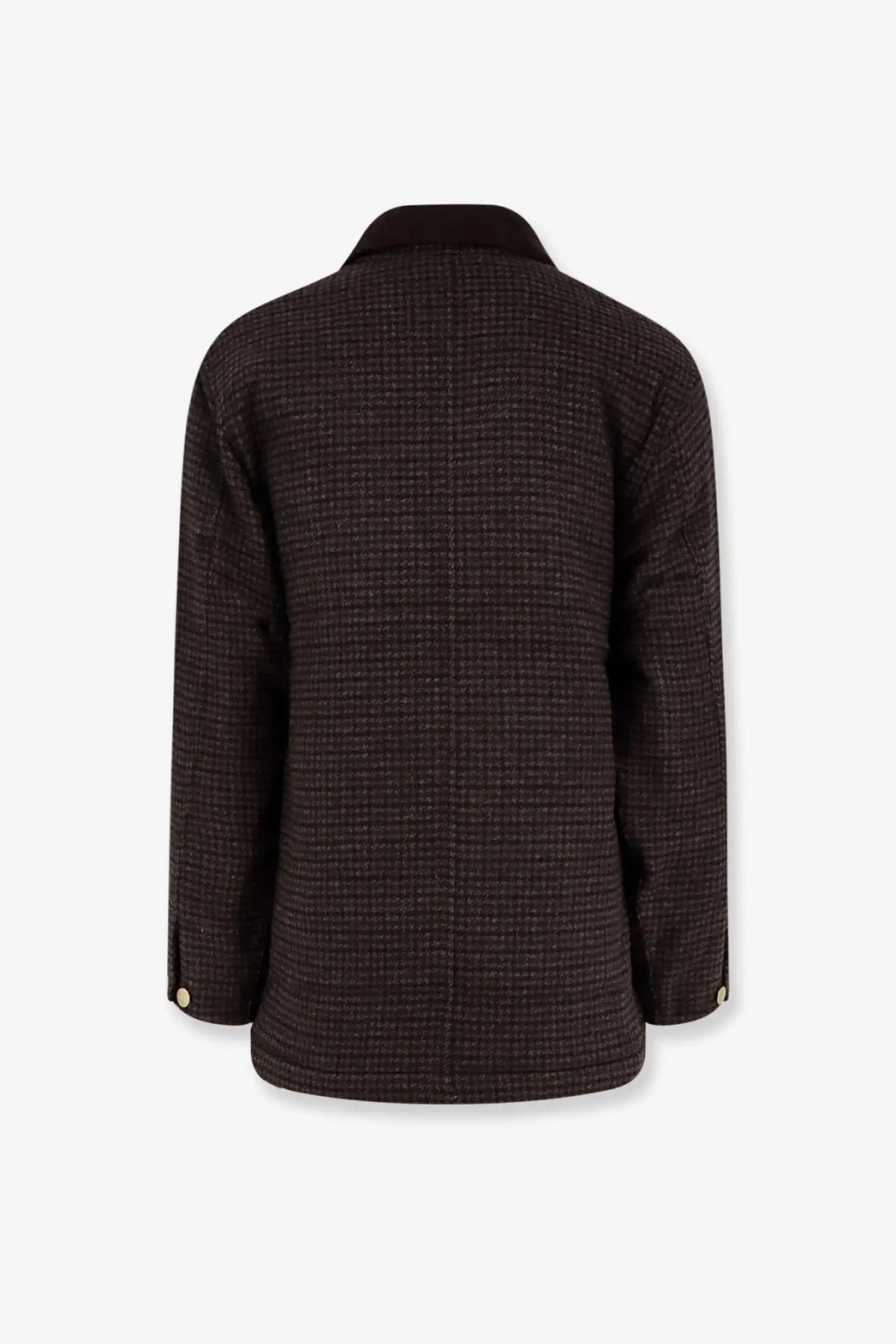 Dark brown herringbone-patterned wool blazer with black collar and gold buttons carhartt wip men’s lowis jacket pattern