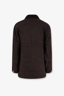 Dark brown herringbone-patterned wool blazer with black collar and gold buttons carhartt wip men’s lowis jacket pattern