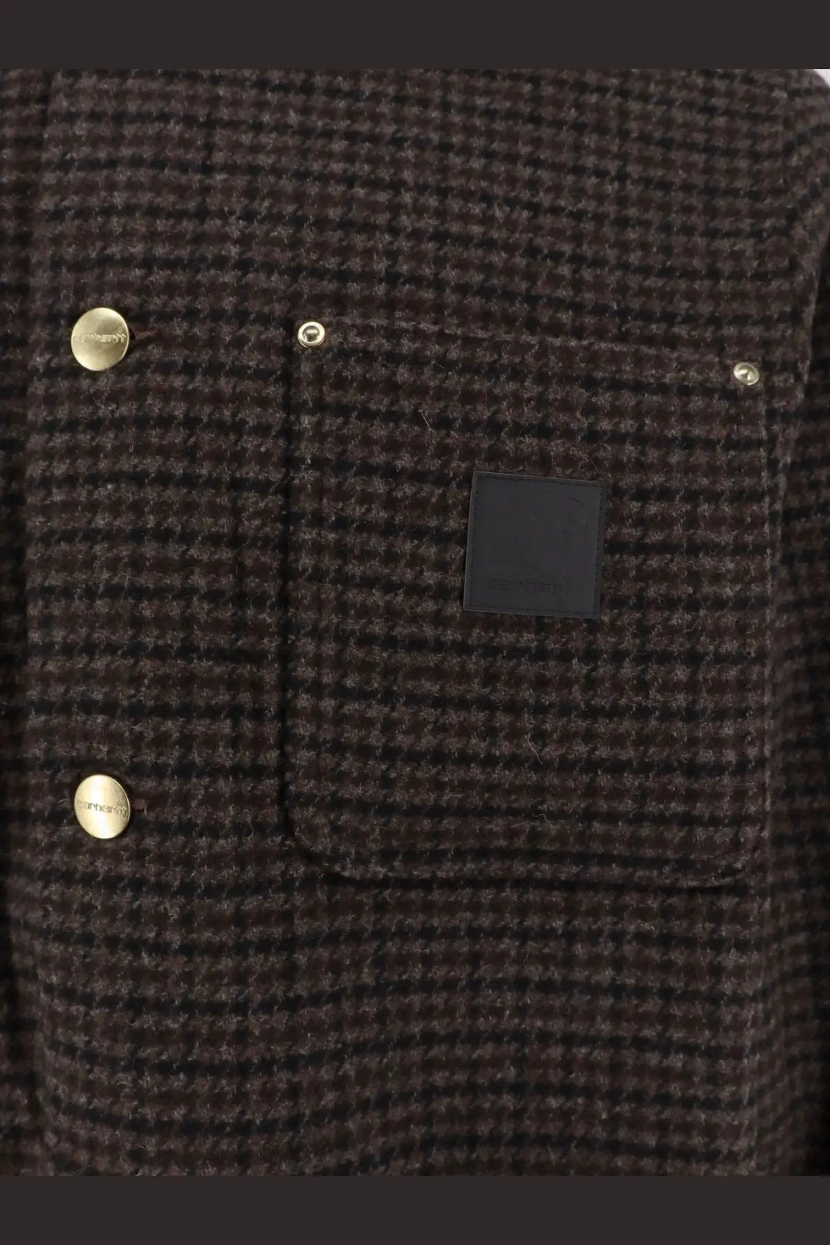 Carhartt wip men’s lowis jacket pattern dark brown herringbone wool coat with gold-tone buttons and black leather patch