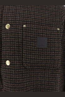 Carhartt wip men’s lowis jacket pattern dark brown herringbone wool coat with gold-tone buttons and black leather patch