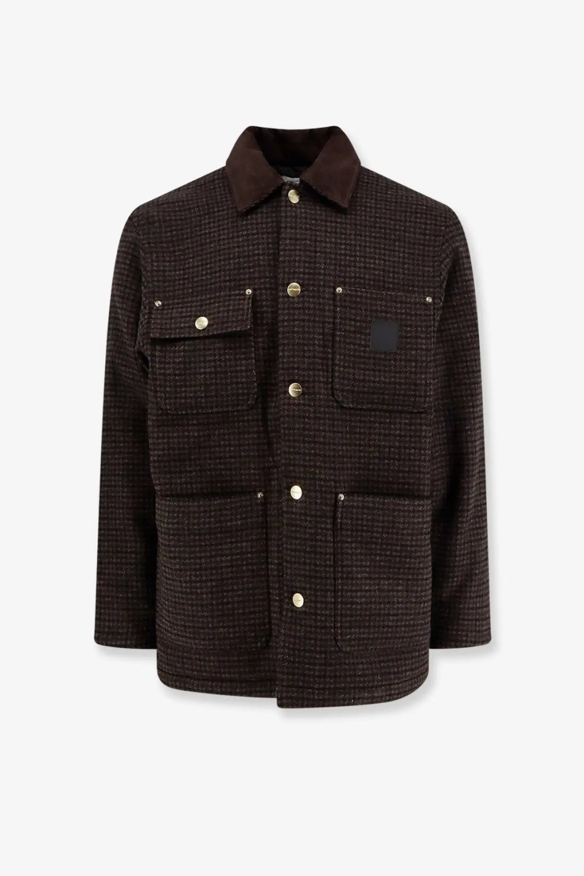 Dark brown tweed carhartt wip men’s lowis jacket with contrasting dark collar and gold tone buttons