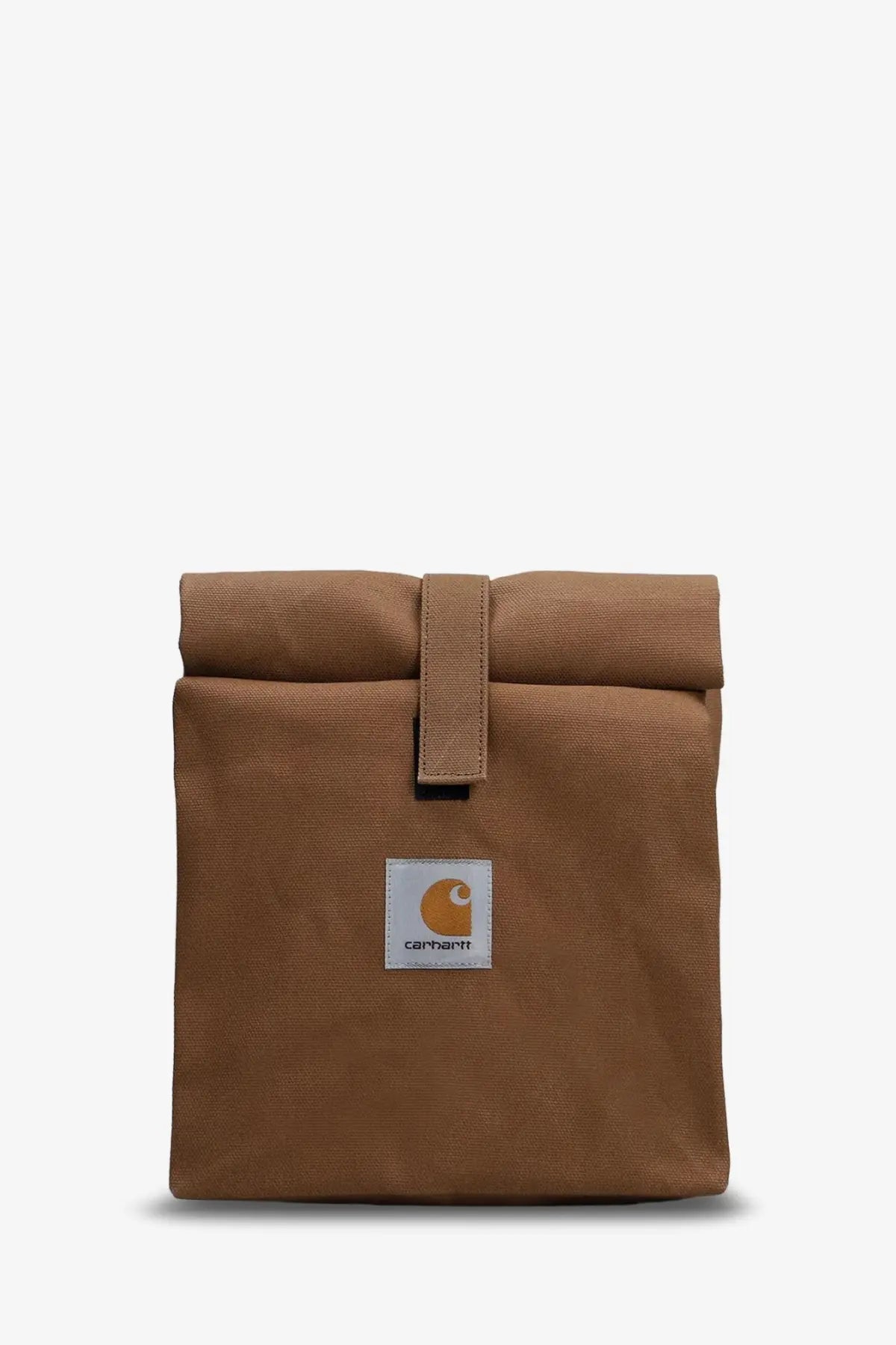 Carhartt Wip men’s brown canvas roll-top lunch bag with tan leather strap and white logo patch