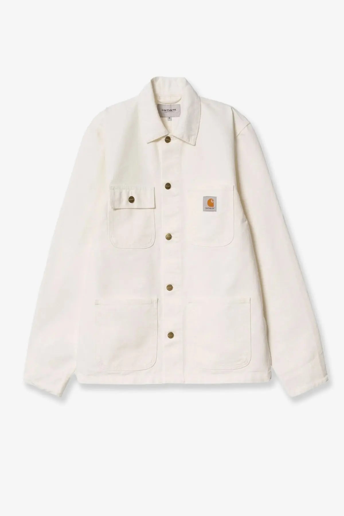 Cream-colored Carhartt Wip men’s Michigan cotton denim jacket wax with sturdy fabric and classic button closures