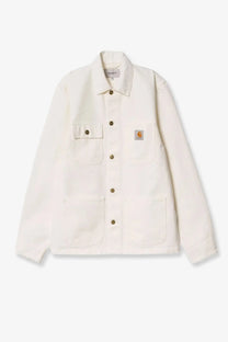 Cream-colored Carhartt Wip men’s Michigan cotton denim jacket wax with sturdy fabric and classic button closures