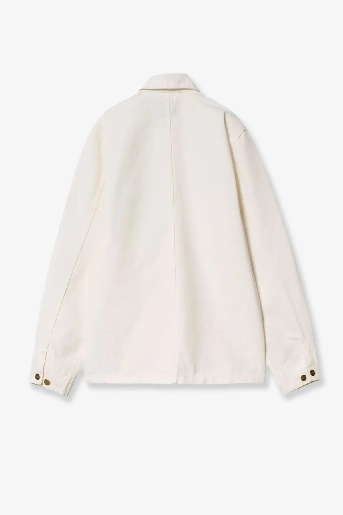 Cream-colored carhartt wip men’s michigan cotton denim jacket wax with classic collar and buttoned cuffs long sleeves