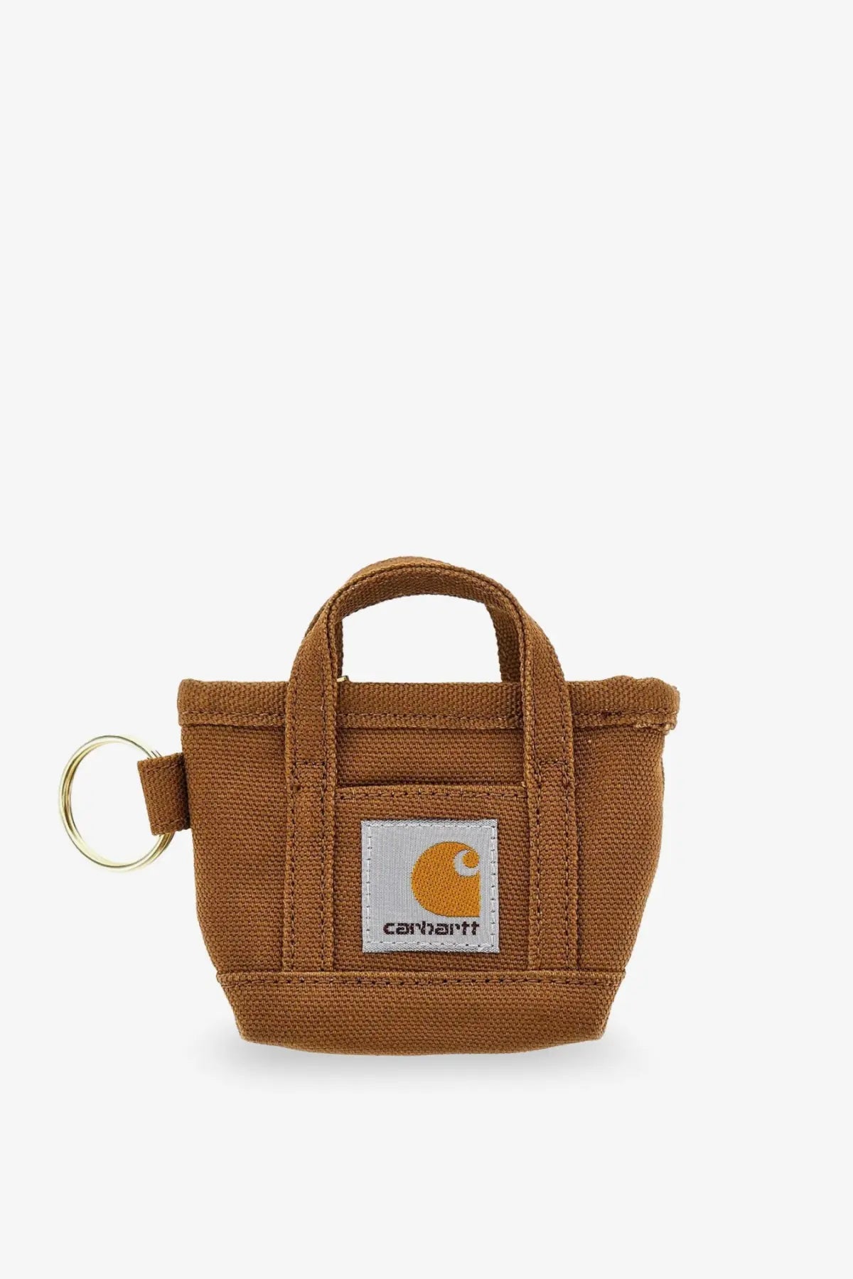 Brown carhartt mini tote keychain with woven fabric texture and orange logo patch for men’s white canvas key ring