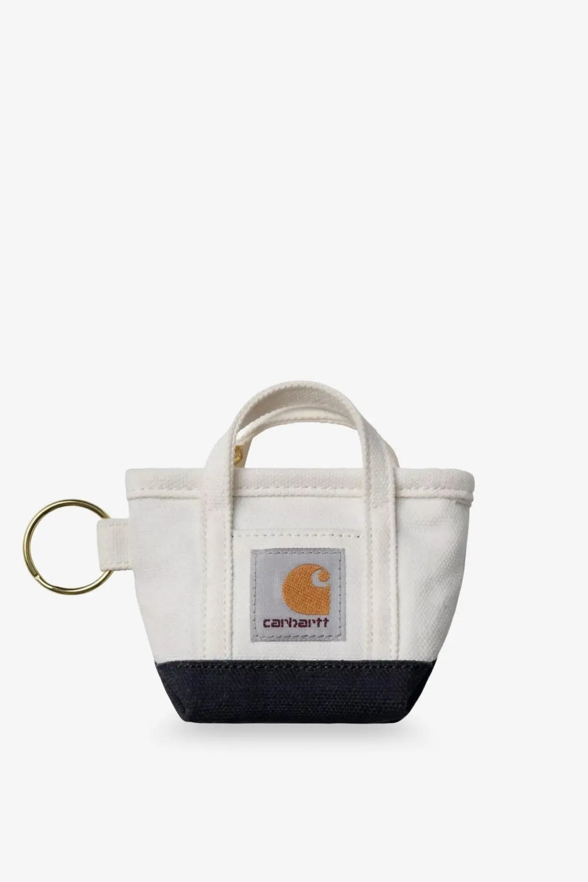 Carhartt WIP brown mini tote bag key ring with white canvas, navy bottom, gold ring, logo patch